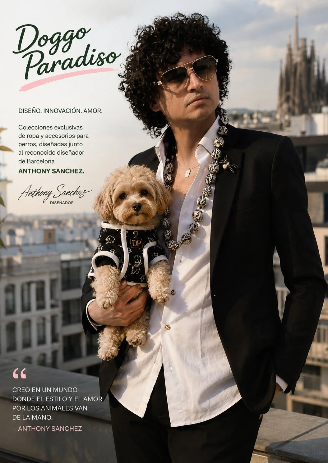 El diseñador Anthony Sanchez sosteniendo un perro en una azotea de Barcelona