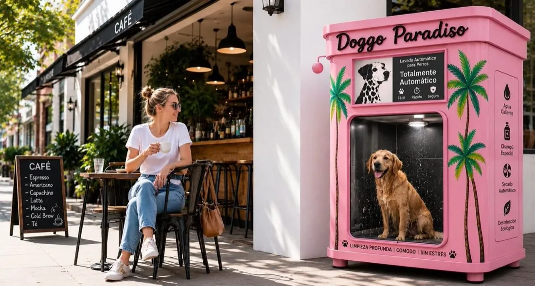 Dona en una terrassa de cafè de Barcelona al costat d'un quiosc rosa de Doggo Paradiso