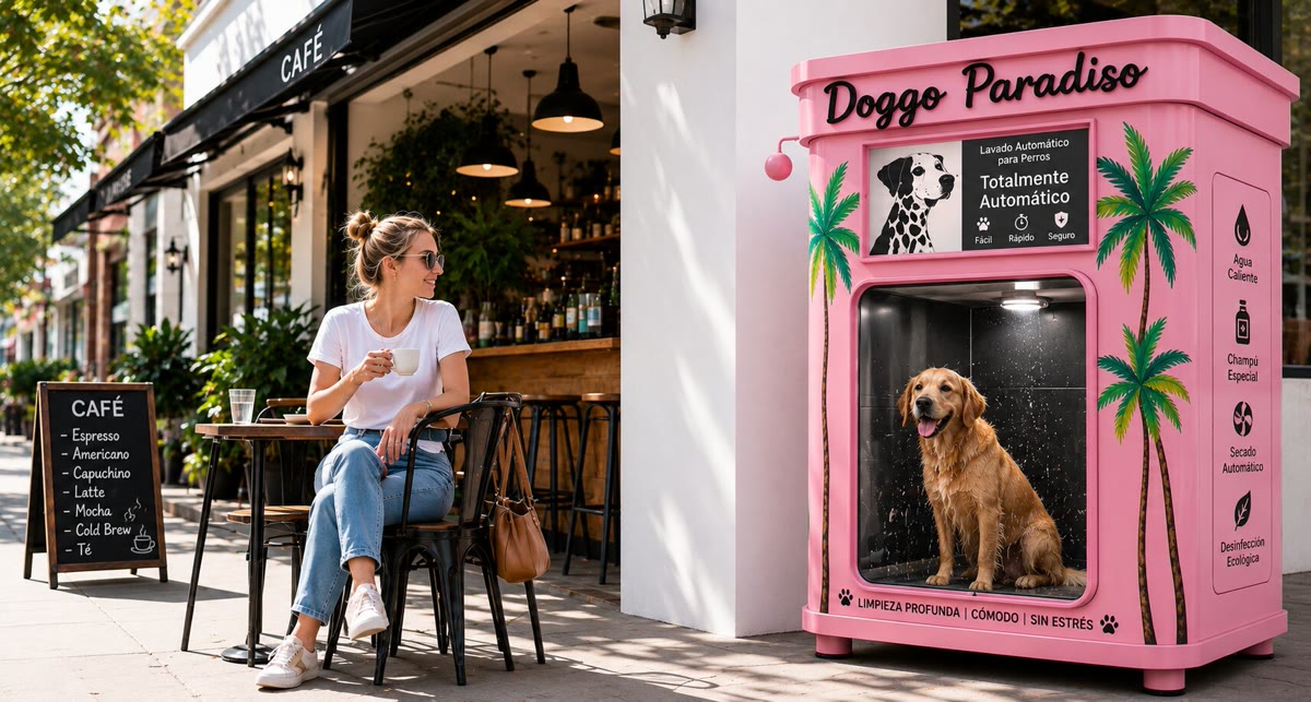 Woman at a Barcelona cafe terrace beside a pink Doggo Paradiso kiosk
