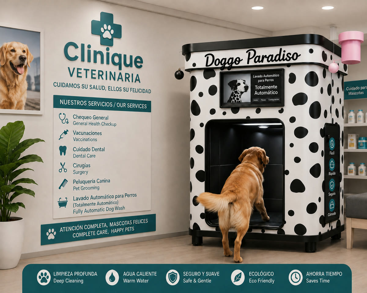 Dalmatian-print Doggo Paradiso kiosk inside a veterinary clinic with a golden retriever