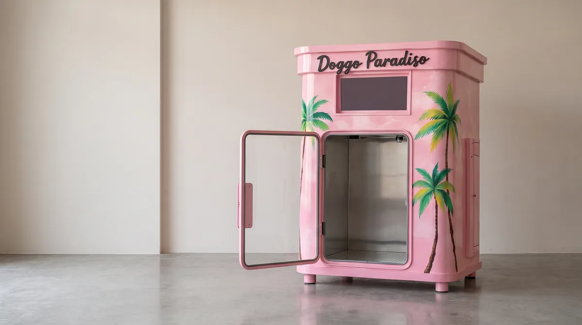 Illustration: Doggo Paradiso kiosk with its door open on a clean, empty cabin