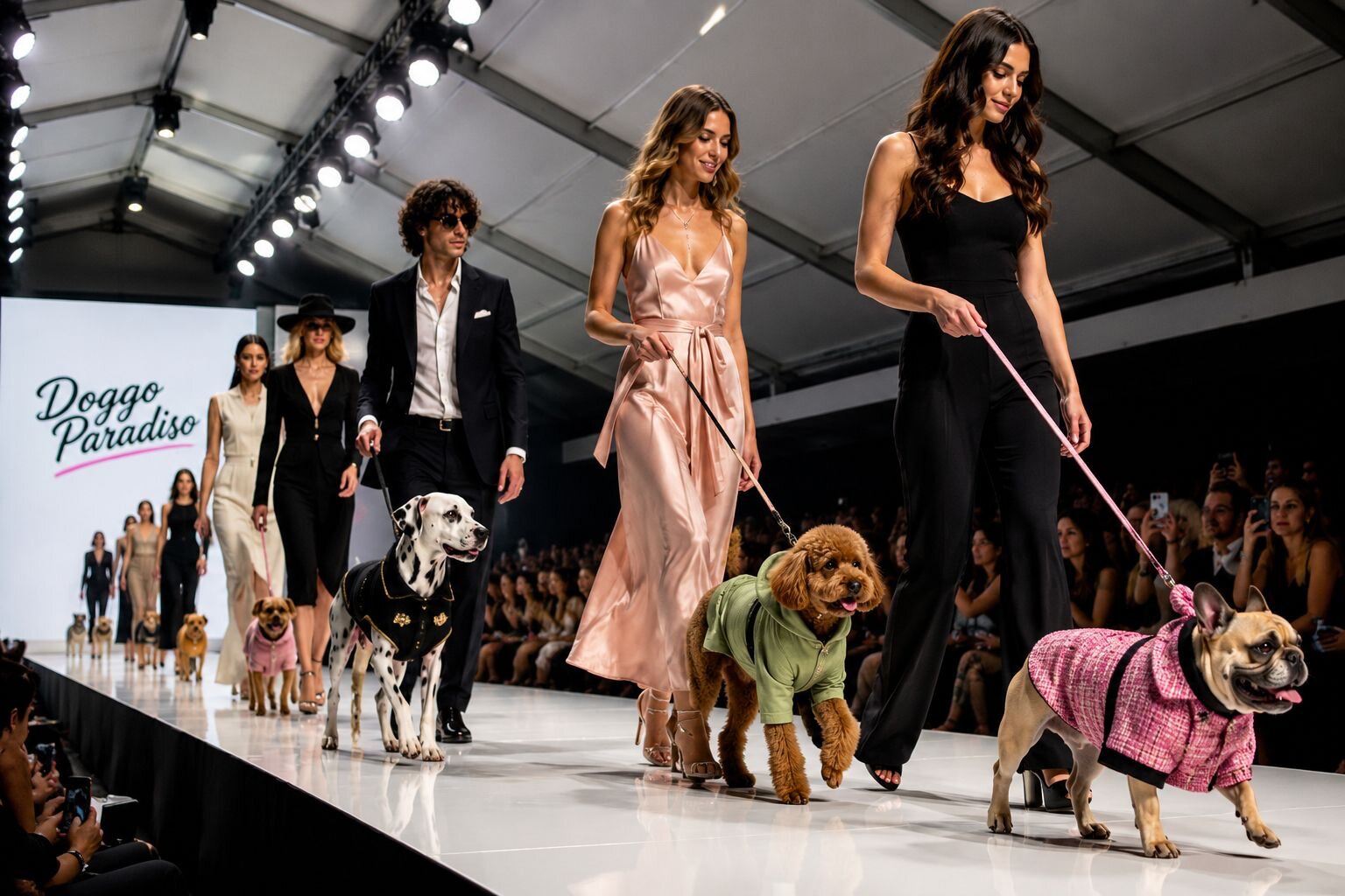 Doggo Paradiso couture runway show with models and dogs